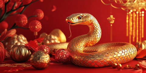 Fototapeta premium Golden 3D snake illustration on a red background with Chinese decorations for the Year of the Snake