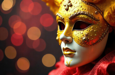 Beautiful carnival mask yellow with gold is left on blurred festive background 