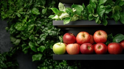 An array of red and green apples artistically arranged on a shelf, surrounded by lush green leaves, enhancing the visual feast of nature's bounty.
