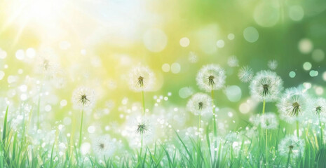 Fototapeta premium Vector of spring background with white dandelions. 