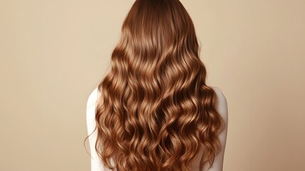 Fototapeta premium 10 A girl with long wavy brown curly hair with a healthy wave pattern on the back