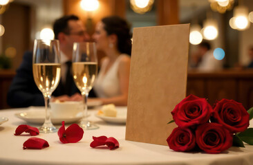 Fototapeta premium A romantic restaurant setting, in the background slightly out of focus, a couple is seated at a table; in the foreground, prominently in focus, a blank menu card with a brown kraft paper texture stand