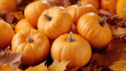 A collection of small, bright orange pumpkins nestled among a bed of dry, fallen autumn leaves, evoking a sense of harvest and seasonal festivity.