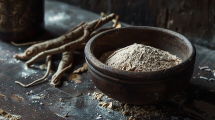 Rustic bowl filled with ashwagandha powder on dark wood table with dried roots  a herbal essence