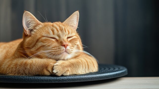 A serene ginger cat peacefully sleeping on a soft, textured cushion, capturing the essence of relaxation, comfort, and tranquility in a cozy atmosphere. - Powered by Adobe