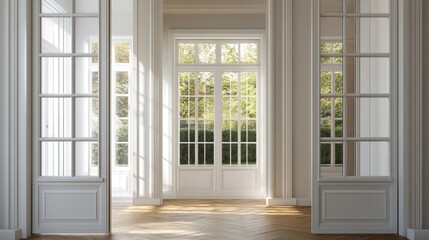 Sunlit interior with French doors and hardwood floors.