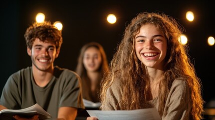 A joyful group of students, holding papers, sits in a well-lit classroom setting, expressing positivity and engagement in an academic environment.