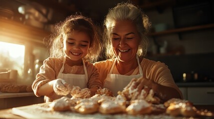 A grandmother and her granddaughter bake pastries in a warm kitchen, sharing a heartfelt moment of joy and bonding. They smile as they decorate the treats.