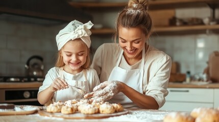 A mother and her young daughter, both wearing aprons, joyfully bake pastries together in a cozy kitchen, sharing quality time and creating delicious treats.