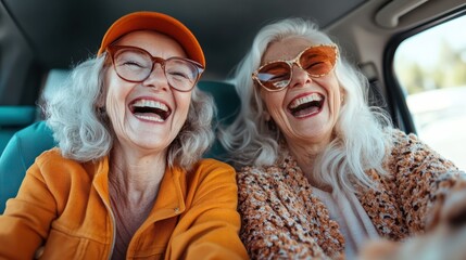 Two senior women wearing glasses joyfully laugh together while sitting in a car, capturing a moment of friendship, happiness, and a zest for life.