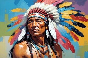 Fototapeta premium Abstract vintage oil painting portrait of a native american man with headdress decoration, people and culture, tradition, history theme concept. 