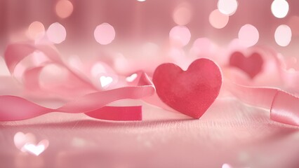 Romantic scene with pink heart and ribbon conveying love on a blurred background.