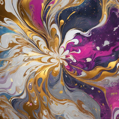 Vibrant abstract flower with golden accents in colorful swirling patterns and dynamic gradient background, digital art style