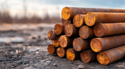 Rusty metal rods are neatly stacked on an outdoor barren area, highlighting decay and industrial texture against the background of a blurred natural landscape.