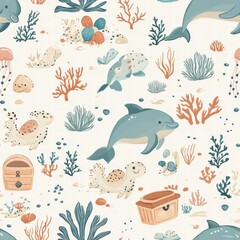 Fototapeta premium Charming marine creatures including dolphins, jellyfish, and coral create a joyful underwater world in this delightful seamless pattern. Generative AI