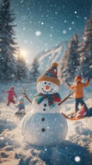 Frosty snowman with twig arms and children sledding in background