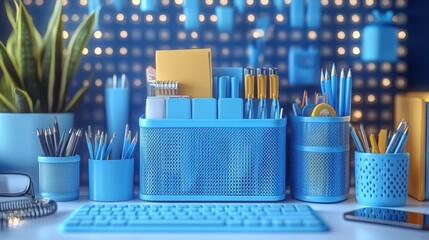 Blue office desk organizer with stationery including pencils, pens, markers, and sticky notes, workspace productivity concept, modern home office or study background with keyboard and plant in
