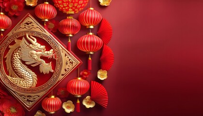Fototapeta premium A traditional Lunar New Year scene with red paper lanterns, golden dragon motifs, and glowing festive decorations