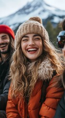 Group Enjoying a Winter Day Outdoors With Smiles and Laughter Near Snowy Mountains