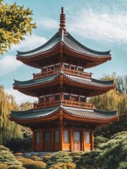 Naklejka premium Lush Green Park with Pagoda