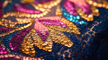 Obraz premium Colorful sequin embroidery on dark fabric