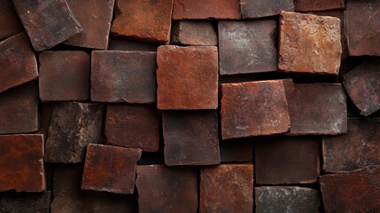 A close-up view of rustic clay bricks stacked in an uneven pattern, showcasing their natural, weathered texture and earthy tones reminiscent of historical craftsmanship.
