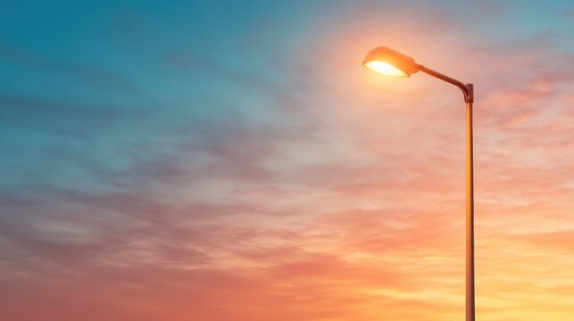 A solitary streetlight stands glowing against a vibrant backdrop of a colorful sunset sky, contrasting its warm light with the cool evening hues of the sky.