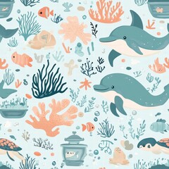 Fototapeta premium Bright aquatic scene filled with playful dolphins, colorful fish, and diverse coral, creating a lively underwater atmosphere ideal for textiles. Generative AI