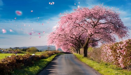 A cherry tree in full bloom with pink petals falling gently on a country path.