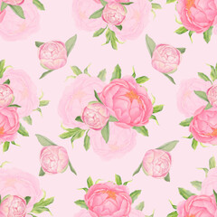 Seamless Watercolor Floral Peony Pattern on Pink Background