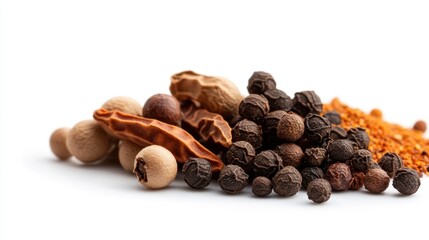 Obraz premium A vibrant image of various spices including black peppercorns, displayed on a bright white surface, highlighting the colors and textures of diverse spices.