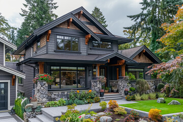 Front view of classic two-story suburban family craftsman home with dark grey stone trim and beautiful garden with modern landscape design.