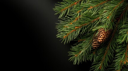 Obraz premium Vibrant green pine branches featuring a single cone on a dark backdrop, highlighting the harmony and detail inherent in natural landscapes.