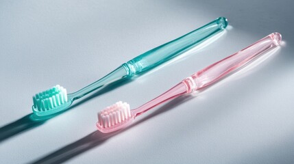 A pair of blue and pink toothbrushes placed on a sleek white surface, representing cleanliness and oral hygiene with minimalist and straightforward composition.