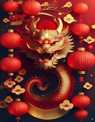 Obraz premium A traditional Lunar New Year scene with red paper lanterns, golden dragon motifs, and glowing festive decorations