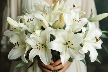 Close-up of the bride's hands holding bouquet of white lilies, beautiful exquisite wedding accessory, symbol of love and happiness.