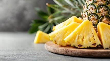 Closeup photograph capturing pineapple wedges on a wooden board, highlighting the juicy and fresh nature of the fruit against a subtly textured, rustic backdrop.
