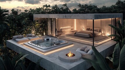 Fototapeta premium Luxury jungle bedroom with hot tub and fire pit.