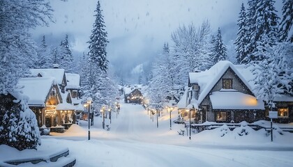 Naklejka premium Snowy Whistler Village Bliss: Minimalist Winter Wonderland After a Snowstorm, Generative Ai