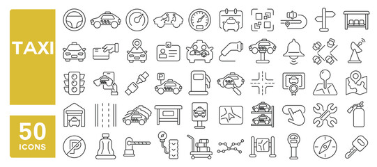 Set of 50 line icons related to taxi, car, rental, transport, travel, driver, passenger, vehicle, delivery, call, trip, Editable stroke. Vector illustration