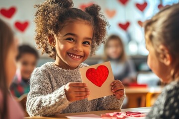 A cheerful child shares a handcrafted Valentines Day card with a heart design, capturing love and joy among classmates and creating lasting memories in a vibrant classroom environment