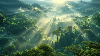 Sun rays pierce through misty mountain forest at dawn.