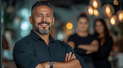 Fototapeta premium A confident man with a salt-and-pepper beard and folded arms stands prominently in a modern office setting, exuding professionalism, leadership, and expertise in his demeanor.