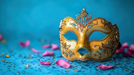 Naklejka premium Golden Venetian mask with intricate filigree design resting on blue surface with pink petals and confetti, perfect for carnival, masquerade parties, festive celebrations, and elegant events backgroun