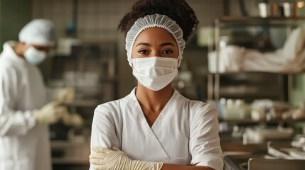 A female chef wearing a mask and hairnet stands confidently in a commercial kitchen, embodying professionalism and dedication in culinary arts.