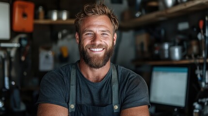 A bearded craftsman standing confidently in his workshop, wearing an apron and showcasing joyful pride in his craft and dedication to his artisanal skills.