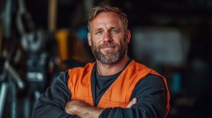 Obraz premium A construction worker stands confidently wearing an orange safety vest, conveying readiness and determination in a busy industrial setting filled with tools and equipment.