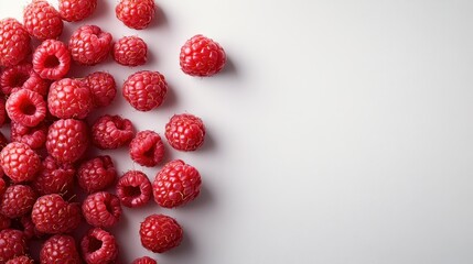 A bunch of vibrant red raspberries scattered artfully on a pristine white background, showcasing their freshness and natural beauty with soft lighting and shadows.