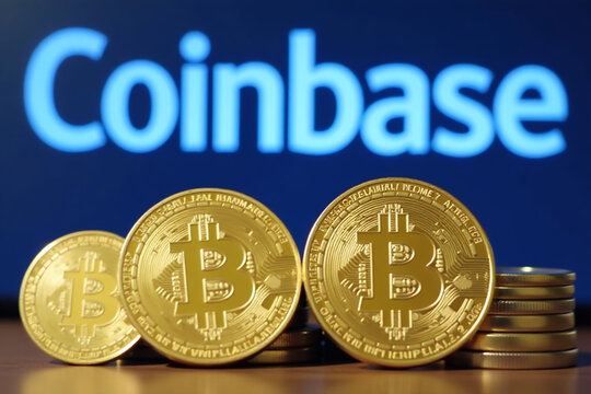 coinbase logo displays bitcoin coins ljubljana slovenia april