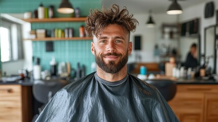 Obraz premium A man with a modern haircut smiles while sitting in a barbershop chair, surrounded by various styling tools and products, creating a friendly and relaxed atmosphere.